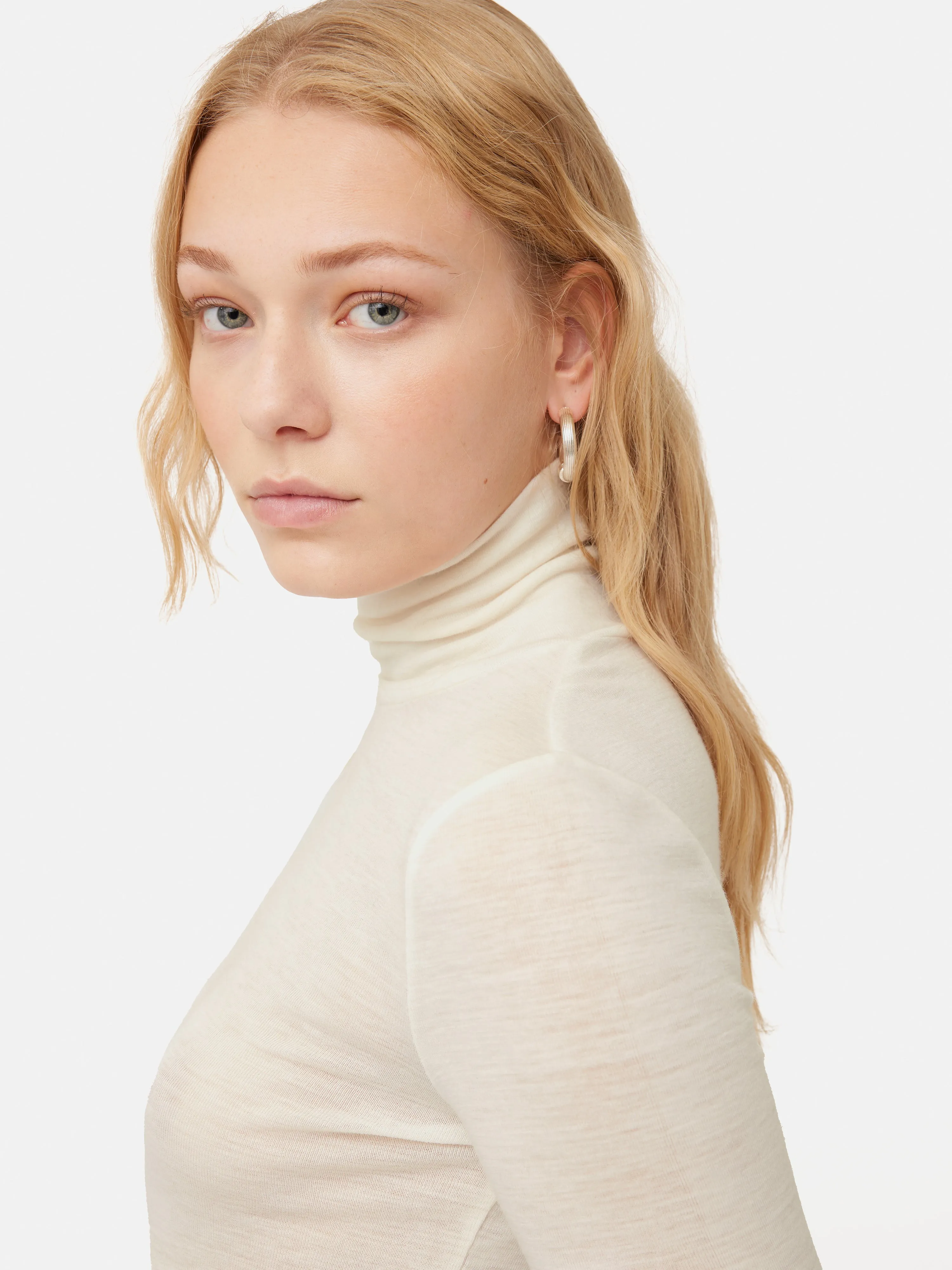 Wool Jersey Polo Neck Top | Ivory