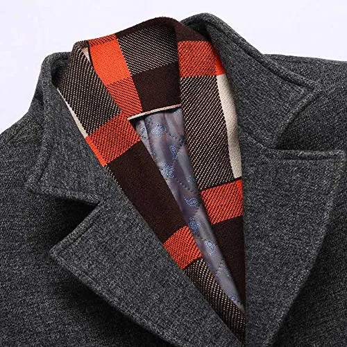 WULFUL Men’s Wool Trench Coat Winter Slim Fit Pea Coat with Free Removable Plaid Scarf