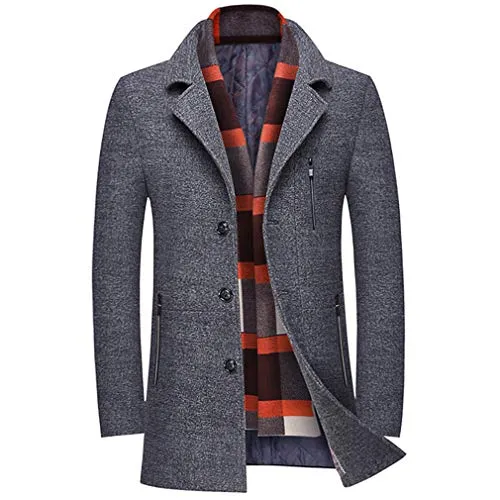WULFUL Men’s Wool Trench Coat Winter Slim Fit Pea Coat with Free Removable Plaid Scarf