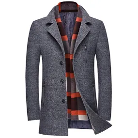 WULFUL Men’s Wool Trench Coat Winter Slim Fit Pea Coat with Free Removable Plaid Scarf