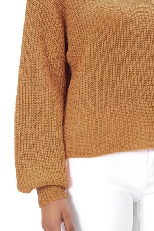 Yemak Women's Wide Puff Sleeve Waffle Knit Sweater Pullover Top MK3654